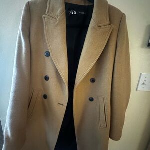 Zara Men's Camel Double-Breasted Pea Coat